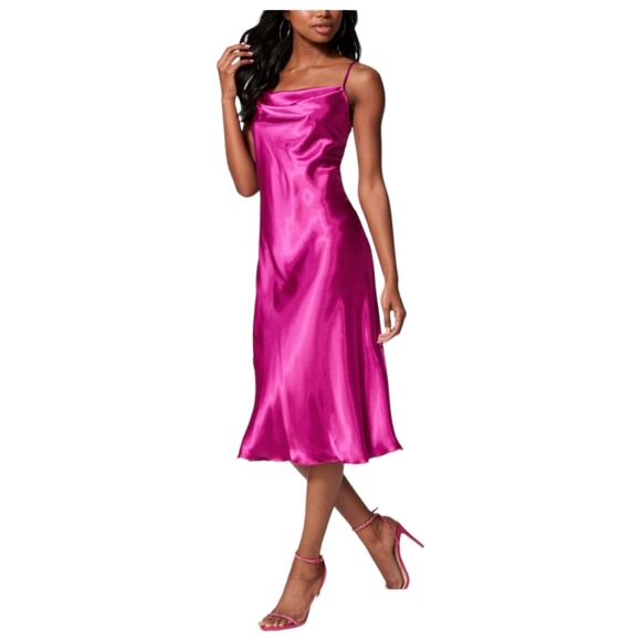 Bebe satin cowl neck slip midi dress with side slits, XS, Magenta - Picture 5 of 9